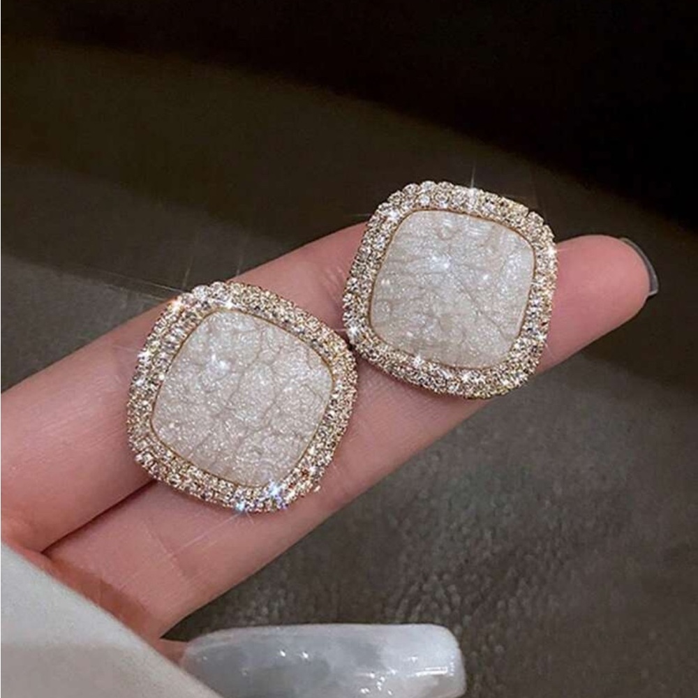 Gold and Silver Square Halo Earrings with Shimmering Stones